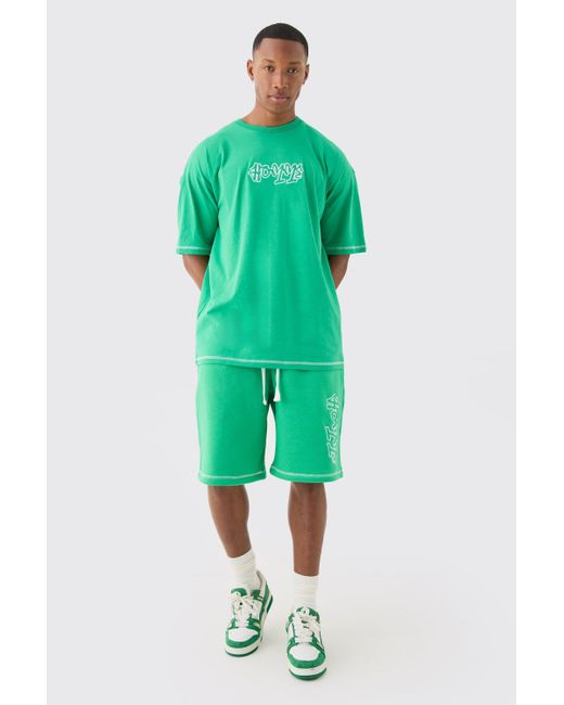 BoohooMAN Green Oversized Contrast Stitch Applique T-shirt & Short Set for men