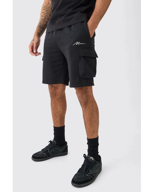 BoohooMAN Black Man Signature Mid Length Loose Cargo Shorts for men