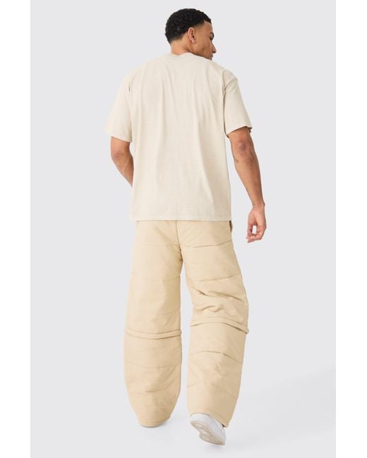 BoohooMAN Natural Elastic Waist Quilted Zip Off Wide Leg Pants for men