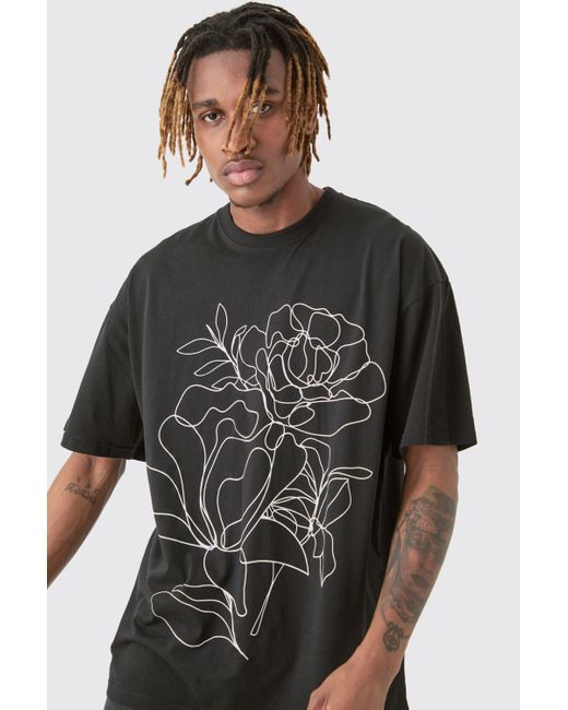 BoohooMAN Tall Mono Floral Stencil Printed T-shirt In Black für Herren