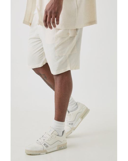 BoohooMAN Plus Elasticated Waist Relaxed Linen Cargo Shorts In Natural for men