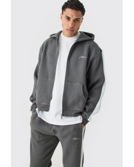 BoohooMAN Gray Oversized Boxy Quilted Embroided Hooded Short Tracksuit for men
