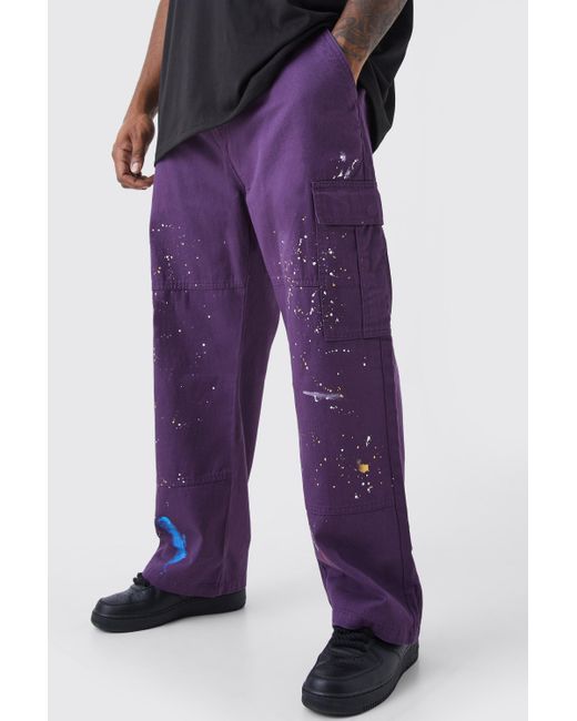 BoohooMAN Purple Plus Straight Leg Cargo All Over Paint Splatter Trouser for men
