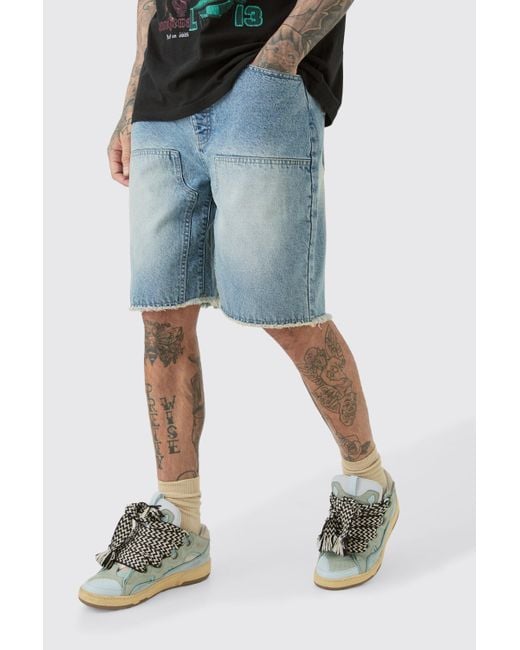 Boohoo Blue Tall Raw Hem Rigid Denim Carpenter Shorts In Light Wash