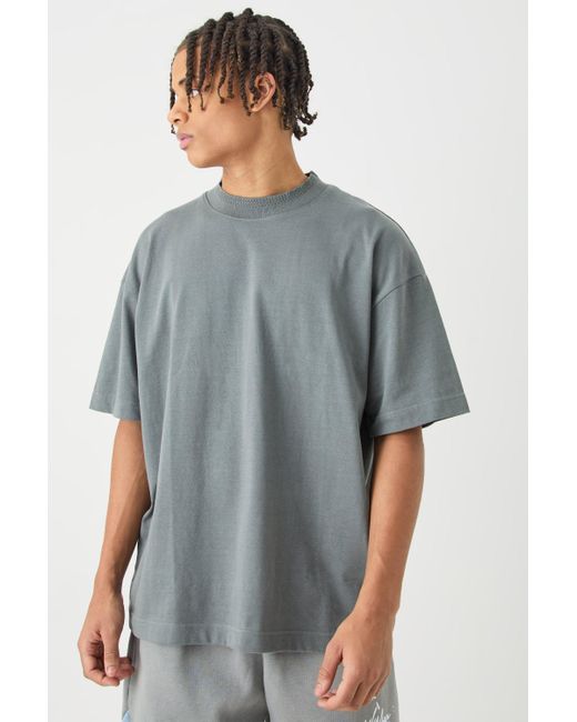 BoohooMAN Gray Oversized Heavy Extended Jaqaurd Neck T-shirt for men