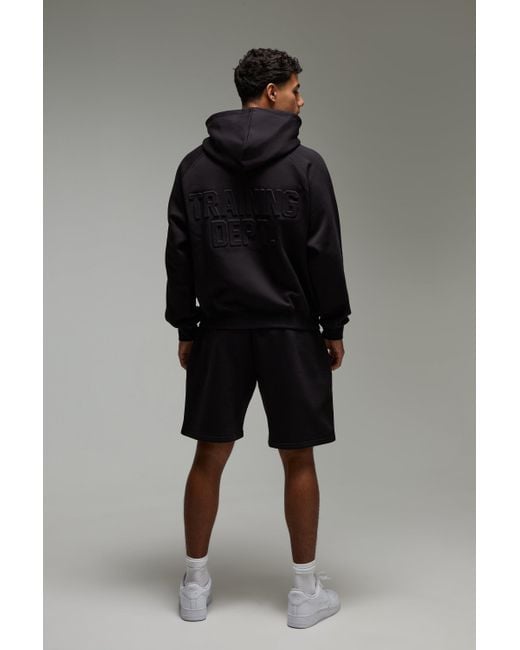 BoohooMAN Black Training Dept Boxy Embossed Short Tracksuit for men