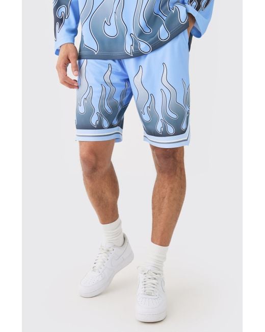 BoohooMAN Blue Flame Graphic Mesh Basketball Shorts for men