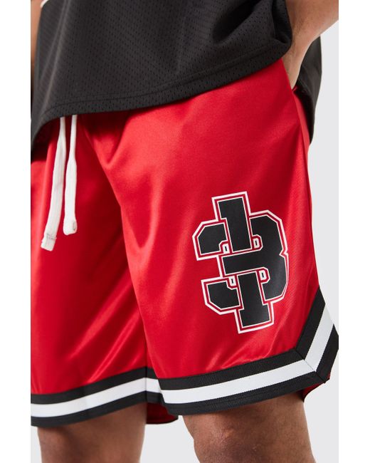 BoohooMAN Red Mesh And Satin Applique Basketball Short for men