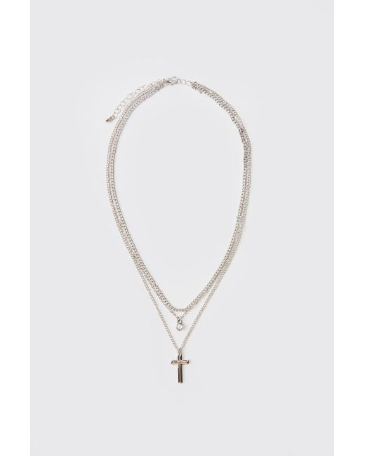 BoohooMAN Blue Double Layered Cross Necklace for men