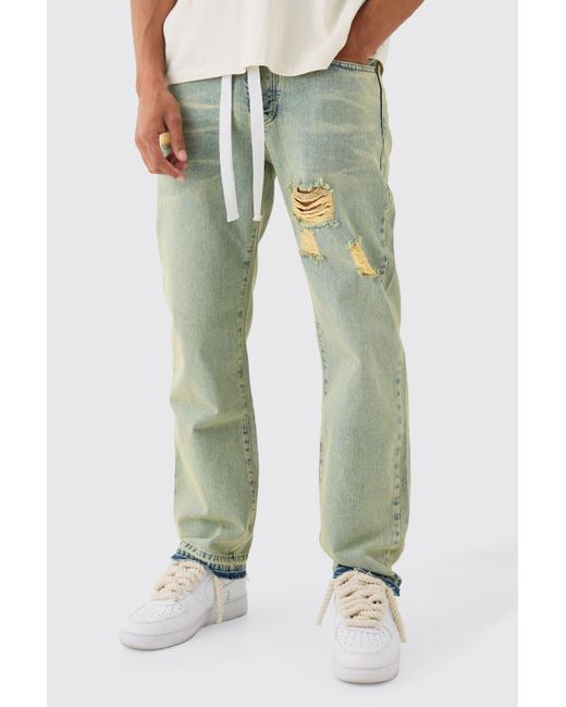 BoohooMAN Relaxed Rigid Ripped Let Down Hem Jeans With Extended Drawcords In Green Wash for men