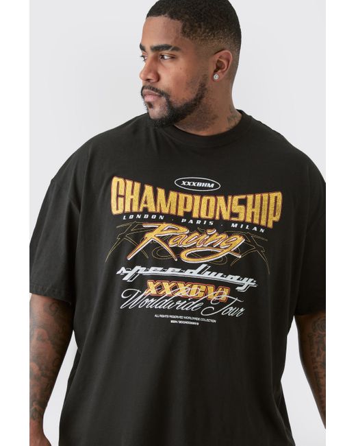 BoohooMAN Black Plus Oversized Championship Moto Graphic T-shirt for men