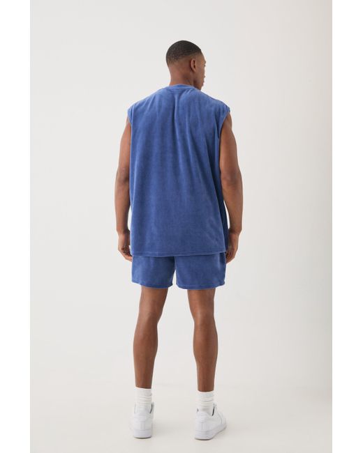 BoohooMAN Man Velour Oversized vest & Pinktuck Shorts Set in Blue für Herren