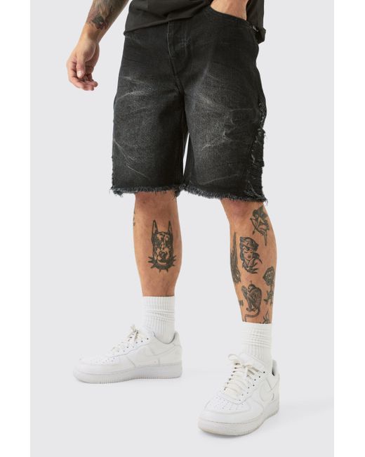 Boohoo Relaxed Rigid Extreme Side Ripped Denim Short In Washed Black