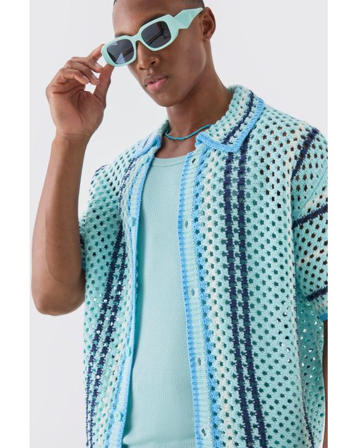 BoohooMAN Blue Boxy Oversized Open Stitch Stripe Knit Shirt for men