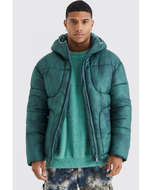 BoohooMAN Green Tie Dye Quilted Puffer With Hood for men