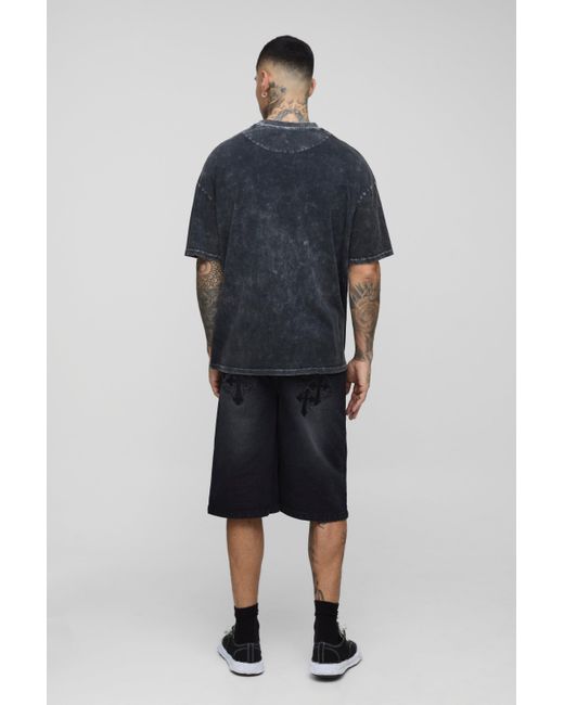 BoohooMAN Black Tall Relaxed Fit Gothic Cross Applique Jorts for men
