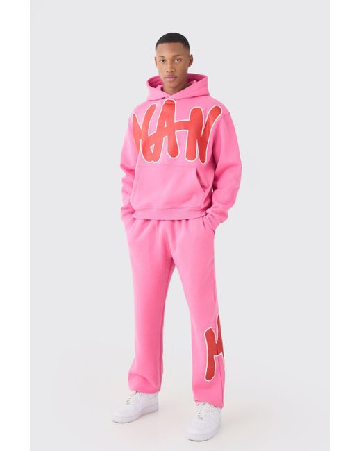 BoohooMAN Pink Oversized Man Graphic Hooded Tracksuit for men