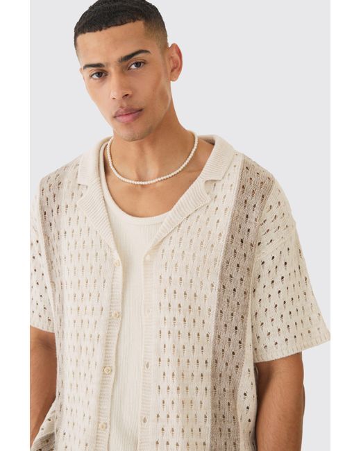 BoohooMAN White Oversized Boxy Open Stitch Stripe Knit Shirt In Ecru for men