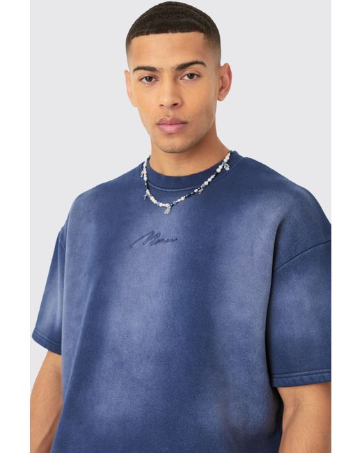 BoohooMAN Blue Oversized Half Sleeve Sun Bleach Sweatshirt for men