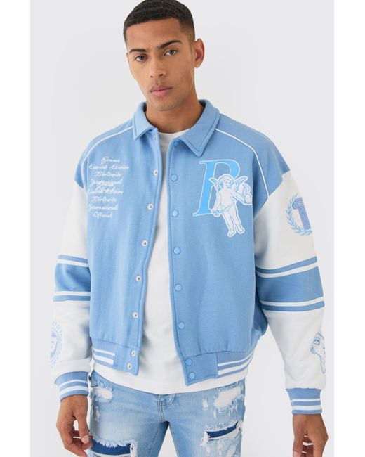 BoohooMAN Blue Boxy 13 Applique Jersey Varsity Harrington Jacket for men