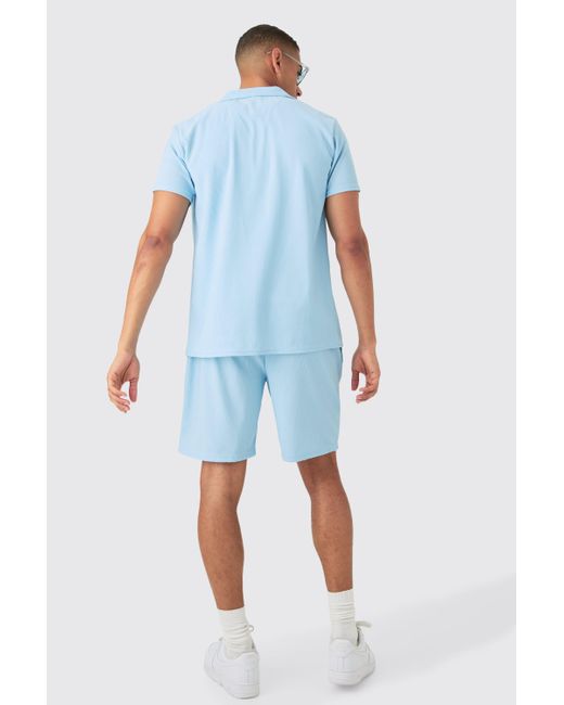 Boohoo Blue Short Sleeve Ribbed Shirt & Short Set