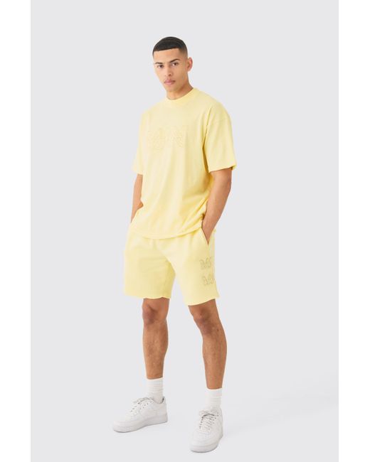 BoohooMAN Yellow Boxy Man Distressed T-shirt & Shorts Set for men