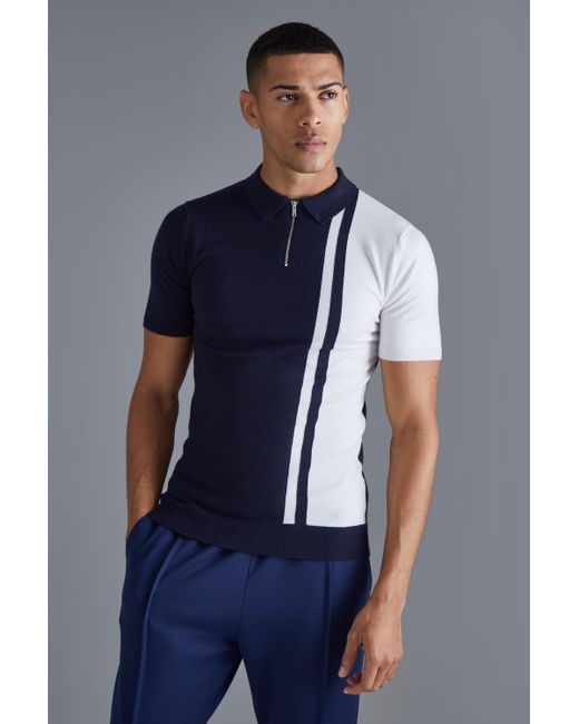 BoohooMAN Kurzärmliges Muscle-Fit Colorblock Poloshirt in Blue für Herren