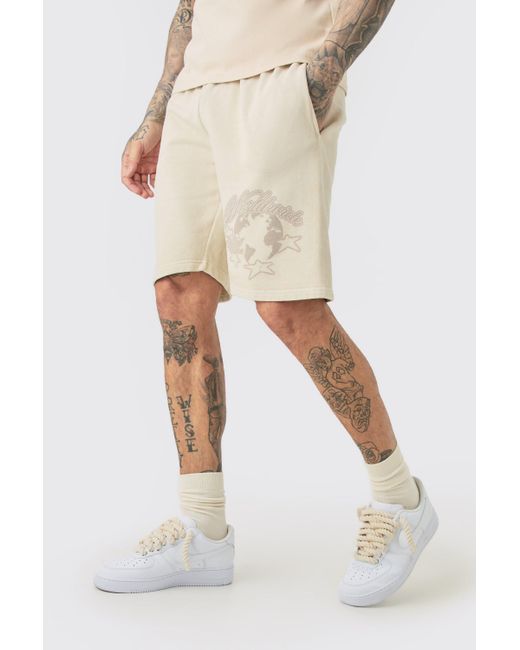 BoohooMAN Natural Tall Oversized Dream Worldwide Shorts In Sand for men