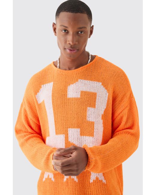 BoohooMAN Oversized Boxy Jacquard Varsity Open Stitch Sweater In Orange for men