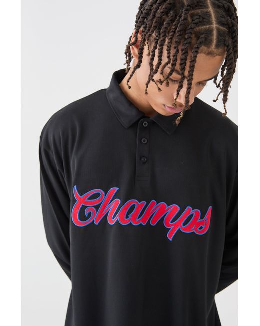 BoohooMAN Black Oversized Champs Varsity Mesh Rugby Polo for men