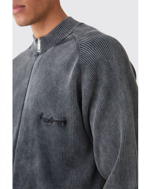 BoohooMAN Gray Oversized Acid Wash Ribbed Knitted Bomber for men