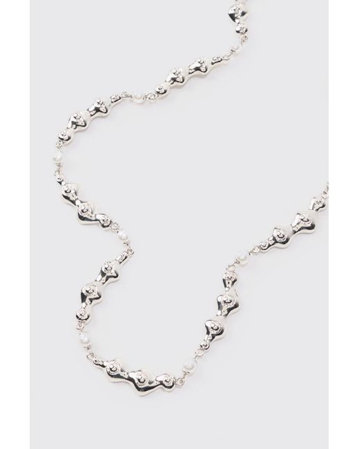 BoohooMAN White Pearl And Metal Necklace In Silver for men