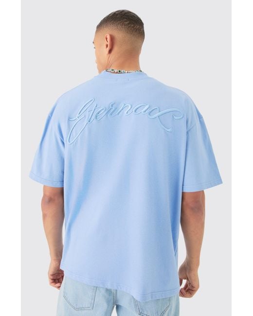 BoohooMAN Blue Oversized Extended Neck Heavyweight Slogan T-shirt for men