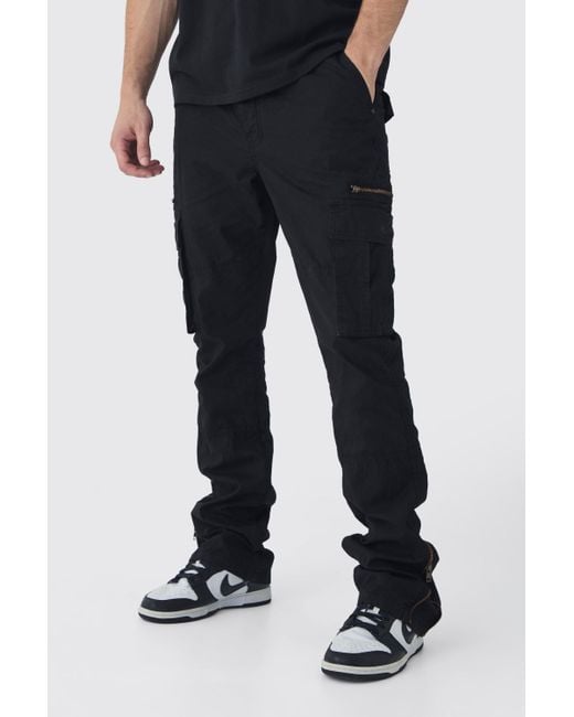 Boohoo Black Tall Slim Flare Zip Gusset Overdye Acid Wash Cargo Trouser