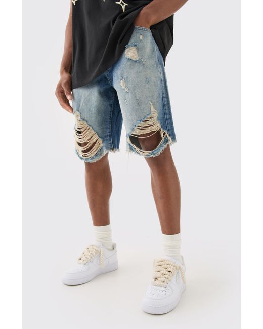 BoohooMAN Relaxed Rigid Long Length Ripped Denim Shorts In Ice Blue for men