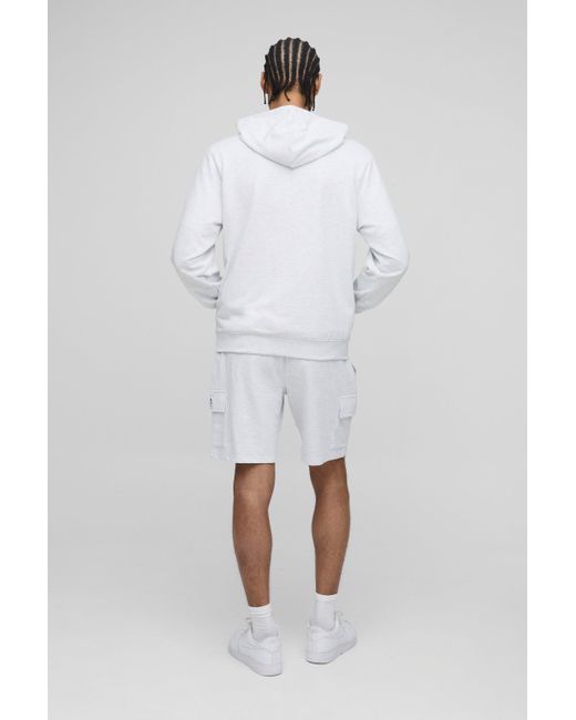 BoohooMAN White 260Gsm Loopback Basic Relaxed Mid Length Label Cargo Shorts for men