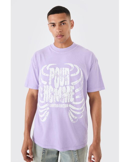 BoohooMAN Purple Oversized Washed Ribcage Print T-shirt for men