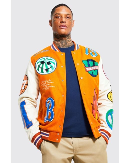 BoohooMAN Limited Edition Double Face Varsity Jacket in Orange for Men