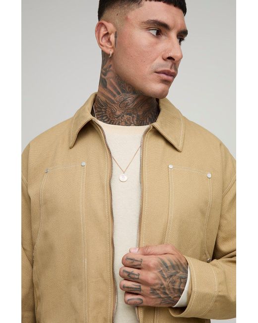 BoohooMAN Tall Regular Fit Canvas Carpenter Panel Worker Jacket in Natural für Herren