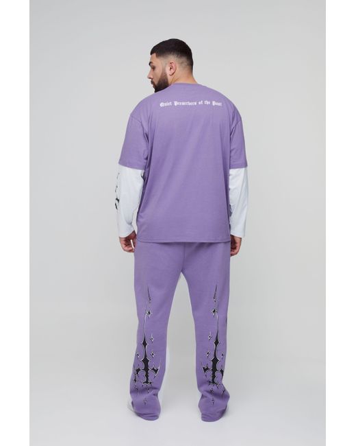 BoohooMAN Blue Plus Homme Grunge Print Oversized Faux Layer T-Shirt Sand Gusset Sweatpants Set for men