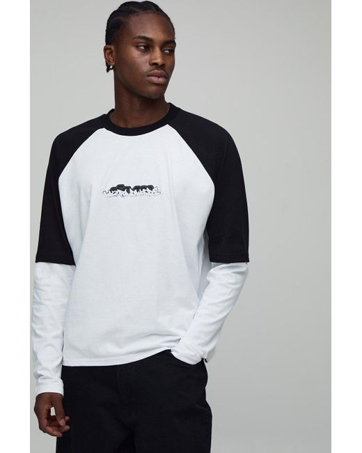 BoohooMAN White Oversized Boxy Faux Layer Embroidered Graphic Raglan T-Shirt for men