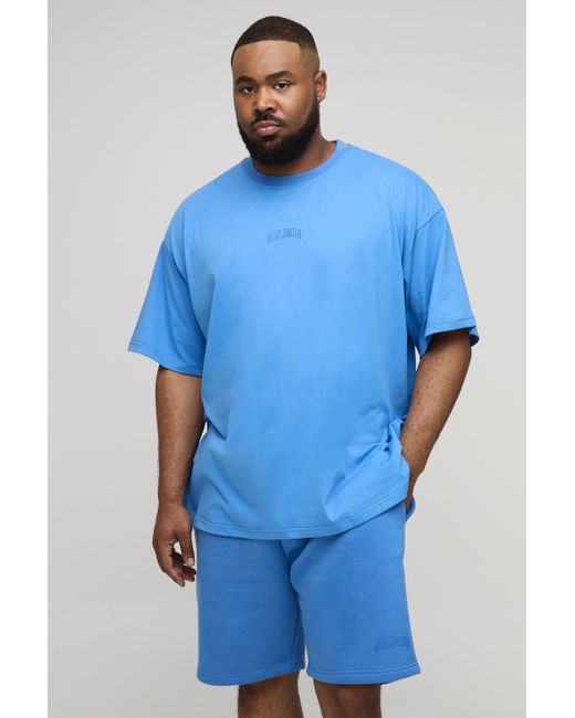 BoohooMAN Blue Plus Oversized Worldwide Over Seam Print T-Shirt & Short Set for men