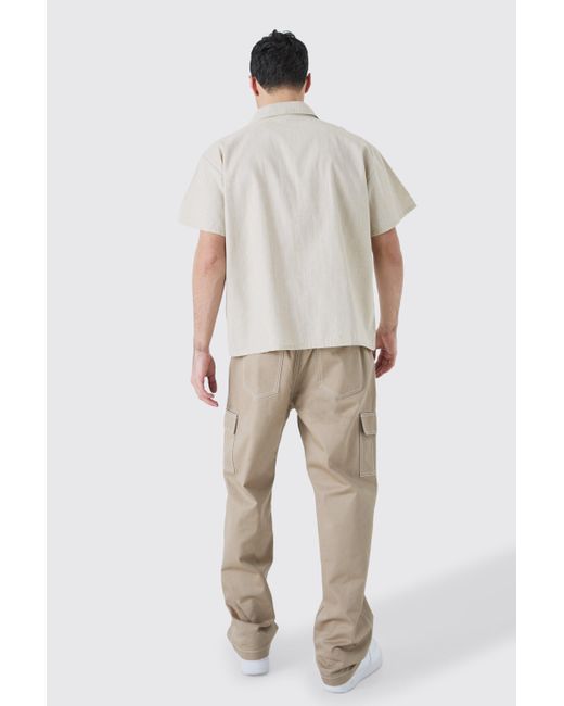 BoohooMAN White Boxy Linen Look Hem Placement Print Shirt for men