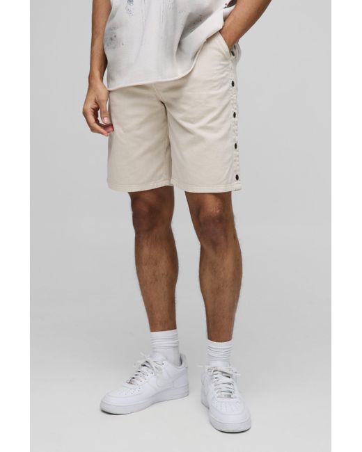 BoohooMAN White Relaxed Fit Overdyed Twill Popper Hem Shorts for men