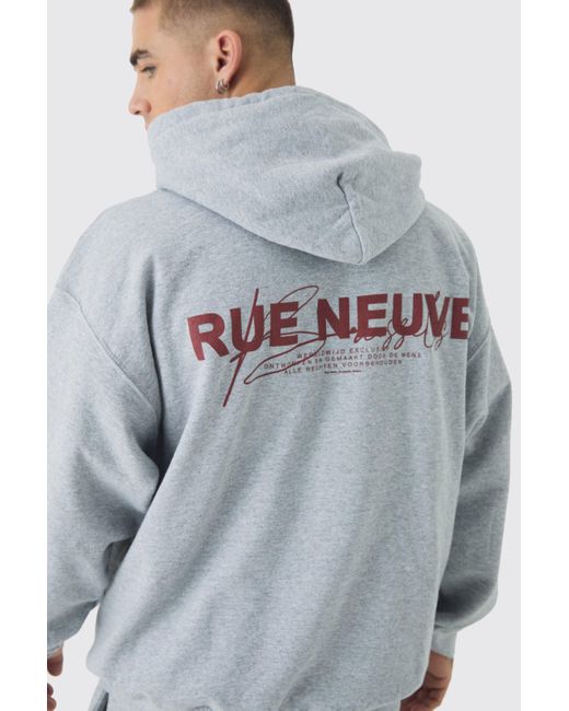 BoohooMAN Gray Oversized Rue Neuve Graphic Hoodie for men