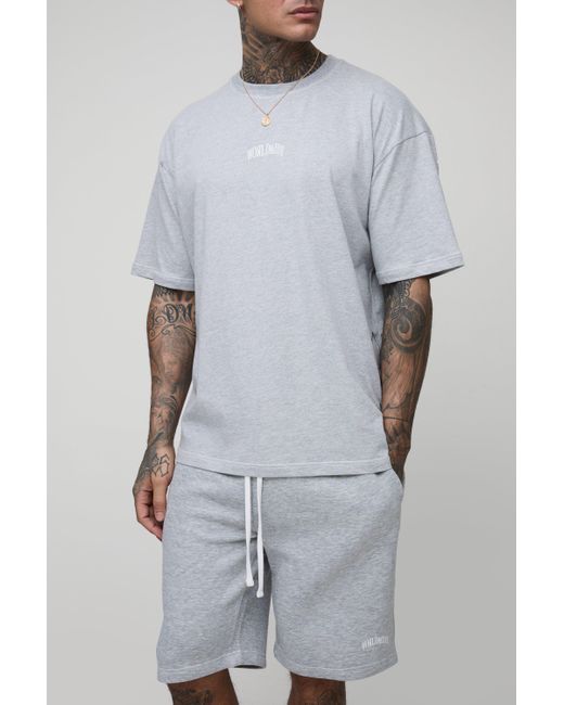 BoohooMAN Gray Tall Oversized Worldwide Over Seam Print T-Shirt & Short Set for men