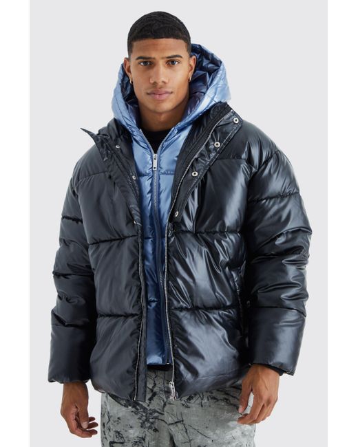 BoohooMAN Double Layer Metallic Puffer With Hood in Blue for Men | Lyst