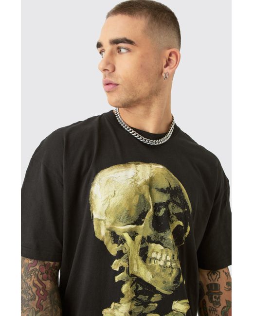 BoohooMAN Black Oversized Van Gogh Skull License T-shirt for men