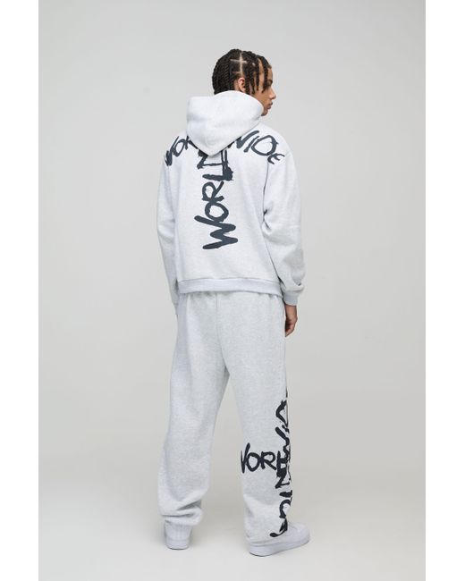 BoohooMAN Gray Oversized Boxy Zip Through Worldwide Graffiti Print Zip Through Tracksuit for men