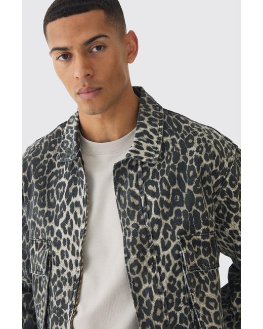 BoohooMAN Gray Relaxed Cropped Leopard Jean Jacket for men